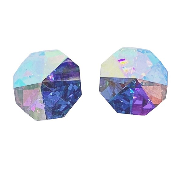 Faceted Aurora Borealis Crystal Stud Earrings 16 mm Silver-Tone Backing Wedding - Picture 1 of 7